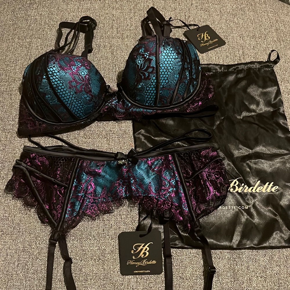 Honey Birdette Bianca II Bra & Suspender. Brand New 34D bra and small garter
